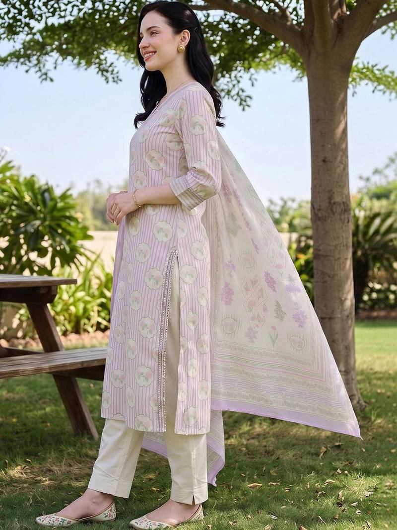 women printed regular cotton kurta with trousers & with dupatta
