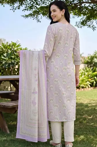 women printed regular cotton kurta with trousers & with dupatta