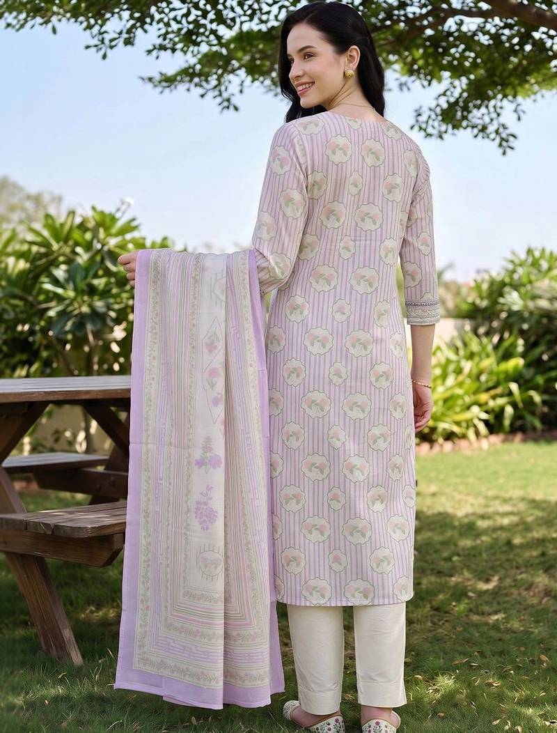 women printed regular cotton kurta with trousers & with dupatta
