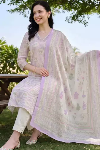 women printed regular cotton kurta with trousers & with dupatta