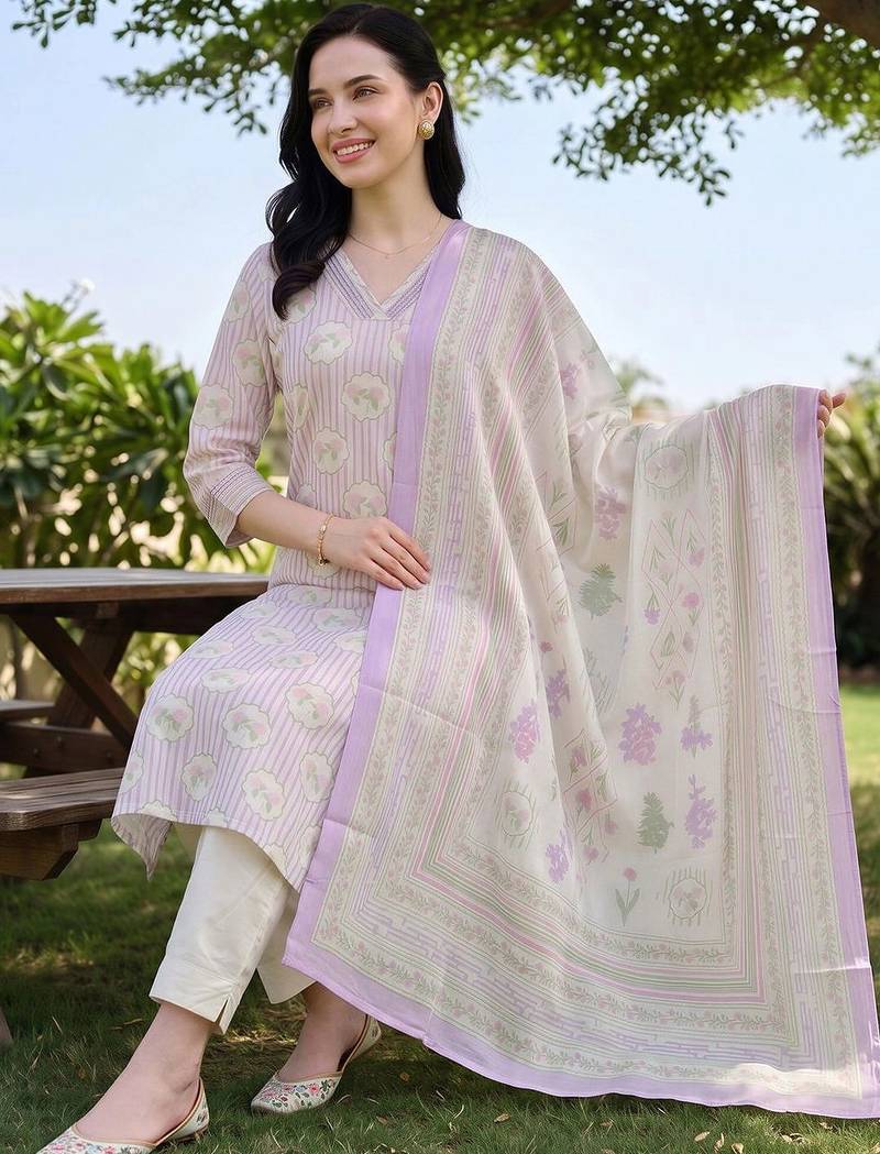 women printed regular cotton kurta with trousers & with dupatta