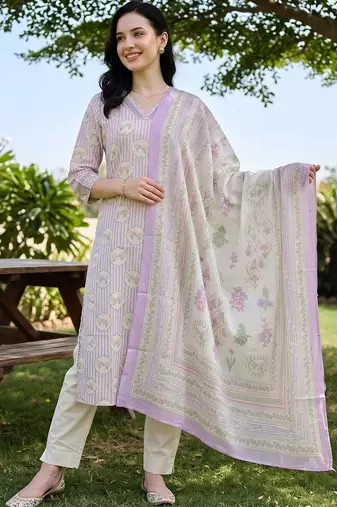 women printed regular cotton kurta with trousers & with dupatta