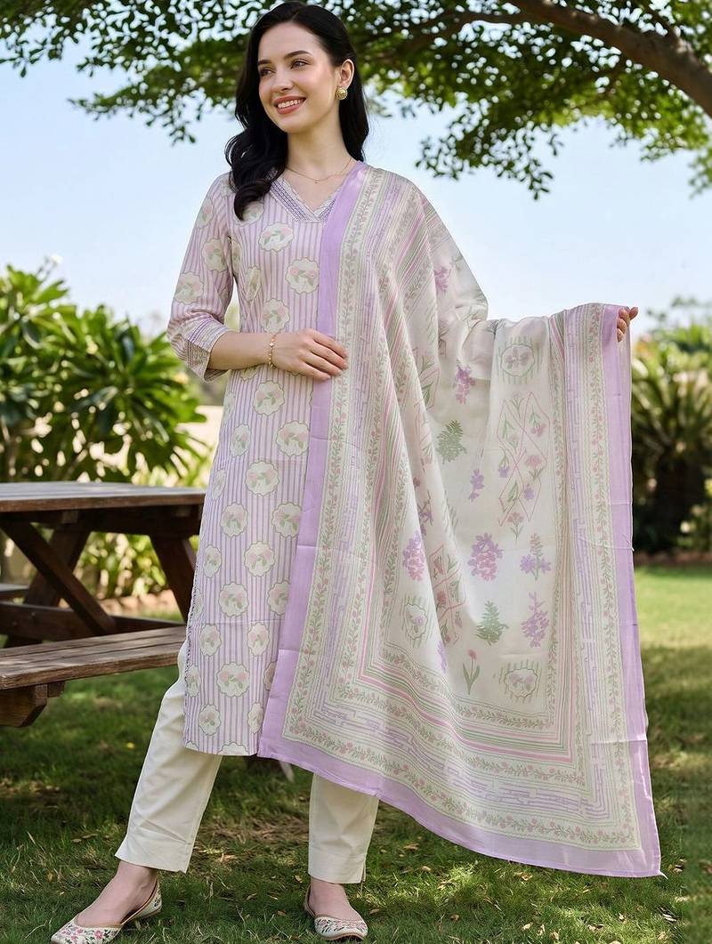 women printed regular cotton kurta with trousers & with dupatta