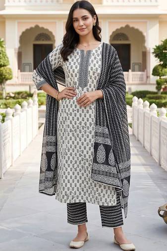 women ethnic motifs printed regular cotton kurta with trousers & with dupatta