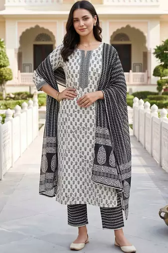 women ethnic motifs printed regular cotton kurta with trousers & with dupatta