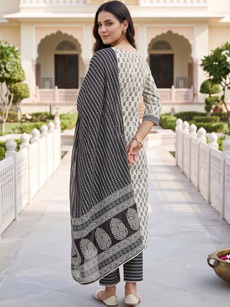 women ethnic motifs printed regular cotton kurta with trousers & with dupatta