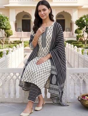 women ethnic motifs printed regular cotton kurta with trousers & with dupatta 3