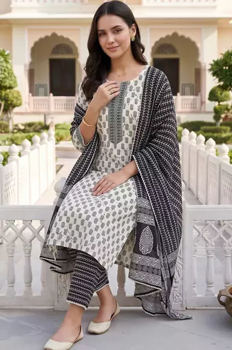 women ethnic motifs printed regular cotton kurta with trousers & with dupatta