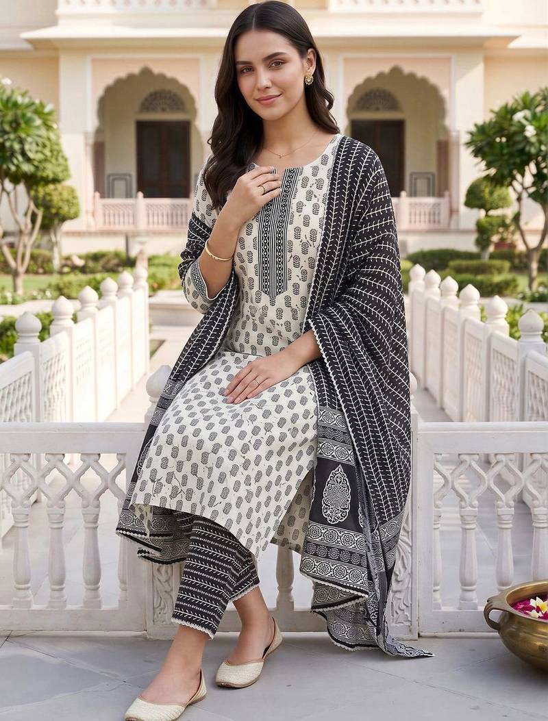 women ethnic motifs printed regular cotton kurta with trousers & with dupatta