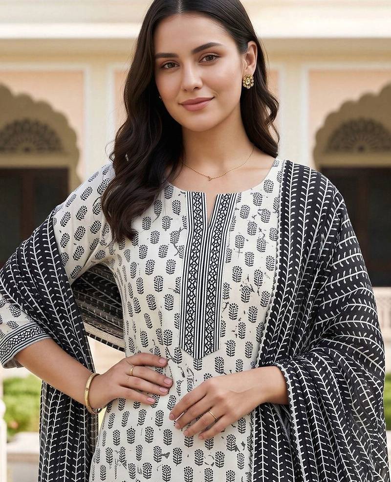 women ethnic motifs printed regular cotton kurta with trousers & with dupatta