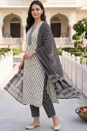women ethnic motifs printed regular cotton kurta with trousers & with dupatta