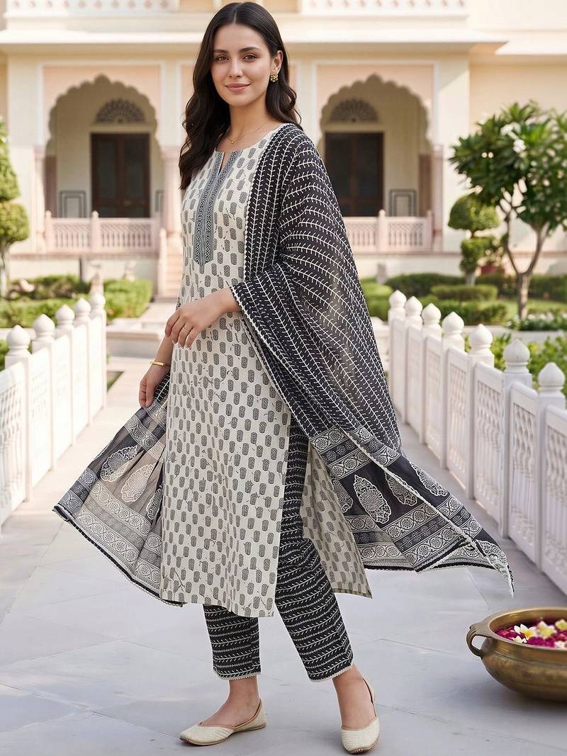 women ethnic motifs printed regular cotton kurta with trousers & with dupatta