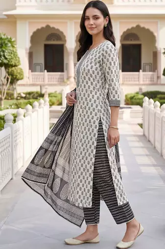 women ethnic motifs printed regular cotton kurta with trousers & with dupatta
