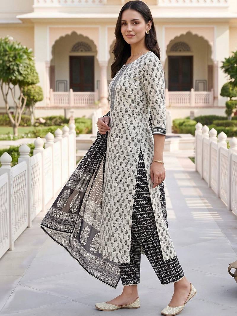 women ethnic motifs printed regular cotton kurta with trousers & with dupatta