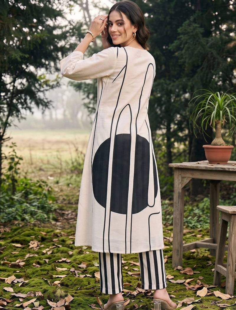 women printed regular cotton kurta with trousers