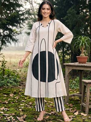 women printed regular cotton kurta with trousers 5