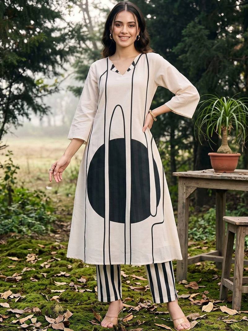 women printed regular cotton kurta with trousers