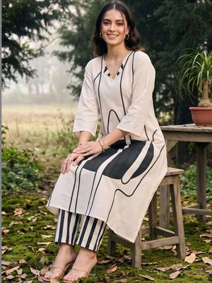 women printed regular cotton kurta with trousers 6