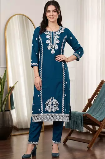 women ethnic motifs embroidered regular thread work kurta with trousers