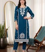 women ethnic motifs embroidered regular thread work kurta with trousers