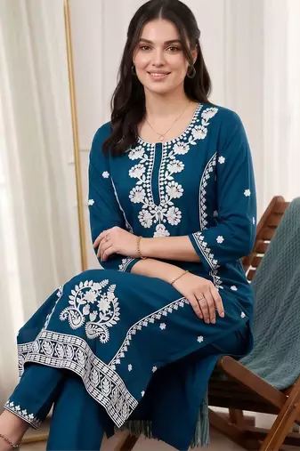 women ethnic motifs embroidered regular thread work kurta with trousers