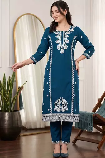 women ethnic motifs embroidered regular thread work kurta with trousers
