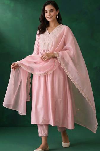 women ethnic motifs embroidered empire thread work liva kurta with trousers & with dupatta