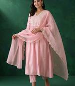 women ethnic motifs embroidered empire thread work liva kurta with trousers & with dupatta