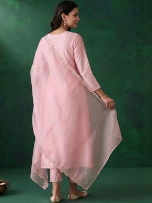 women ethnic motifs embroidered empire thread work liva kurta with trousers & with dupatta 2