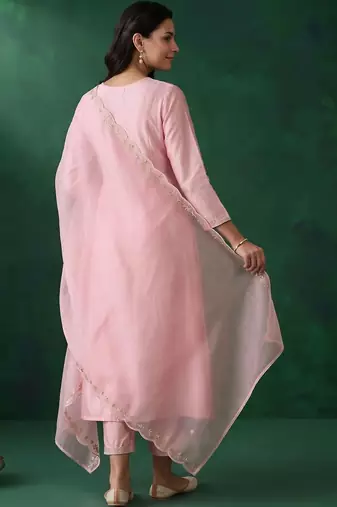 women ethnic motifs embroidered empire thread work liva kurta with trousers & with dupatta