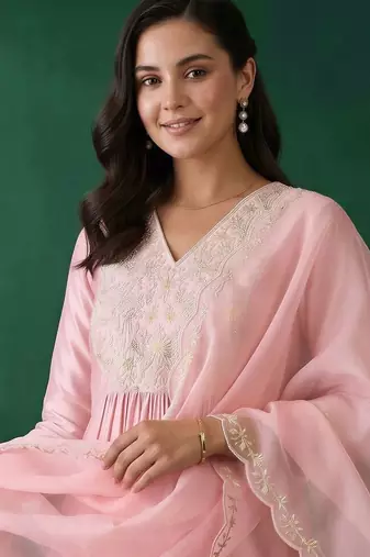 women ethnic motifs embroidered empire thread work liva kurta with trousers & with dupatta
