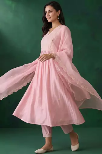 women ethnic motifs embroidered empire thread work liva kurta with trousers & with dupatta