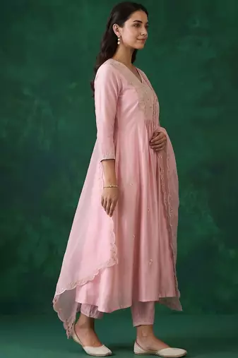 women ethnic motifs embroidered empire thread work liva kurta with trousers & with dupatta
