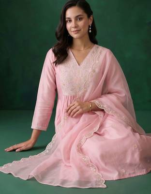 women ethnic motifs embroidered empire thread work liva kurta with trousers & with dupatta 6