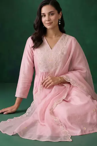women ethnic motifs embroidered empire thread work liva kurta with trousers & with dupatta