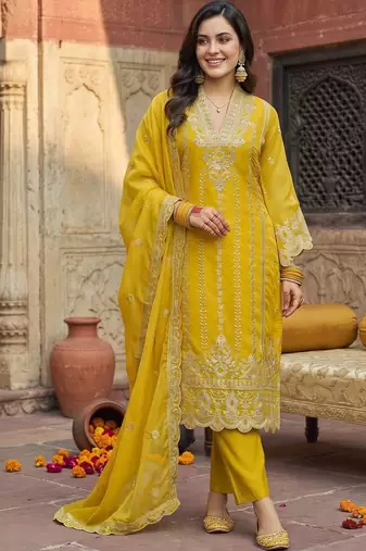 women ethnic motifs embroidered regular thread work kurta with trousers & with dupatta
