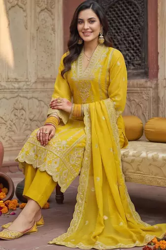 women ethnic motifs embroidered regular thread work kurta with trousers & with dupatta