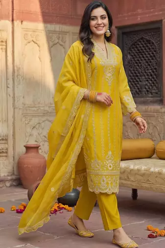 women ethnic motifs embroidered regular thread work kurta with trousers & with dupatta