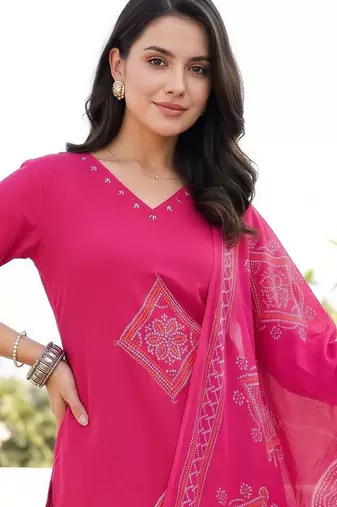 women ethnic motifs printed regular cotton kurta with trousers & with dupatta