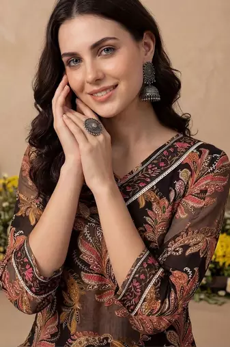 women ethnic motifs printed regular cotton kurta with trousers & with dupatta