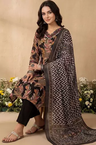 women ethnic motifs printed regular cotton kurta with trousers & with dupatta