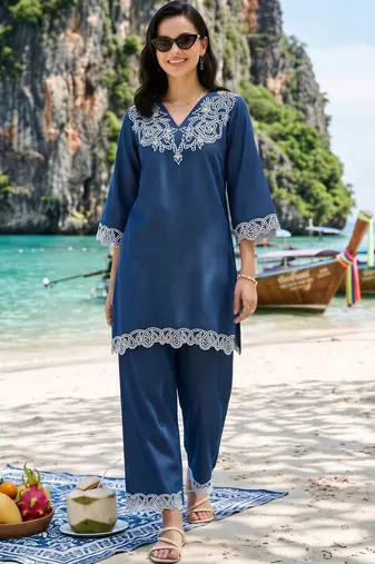 women ethnic motifs embroidered regular thread work linen kurta with trousers