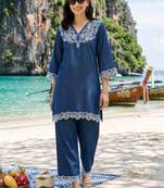 women ethnic motifs embroidered regular thread work linen kurta with trousers