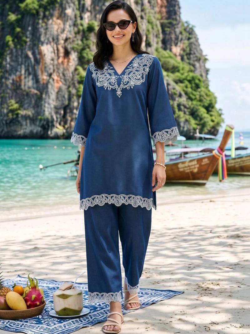women ethnic motifs embroidered regular thread work linen kurta with trousers
