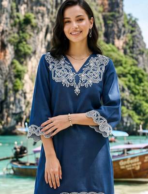 women ethnic motifs embroidered regular thread work linen kurta with trousers 2