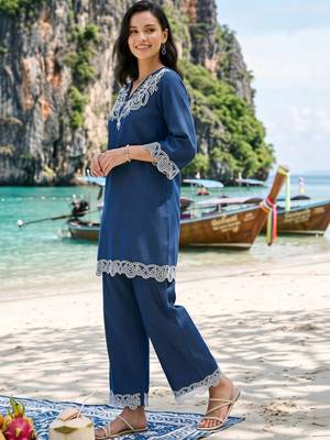 women ethnic motifs embroidered regular thread work linen kurta with trousers 3