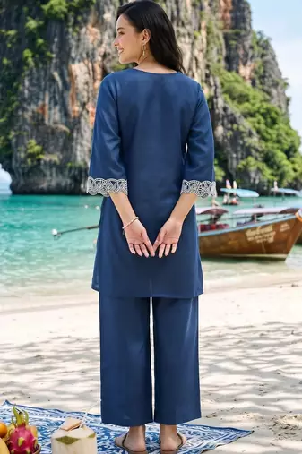 women ethnic motifs embroidered regular thread work linen kurta with trousers