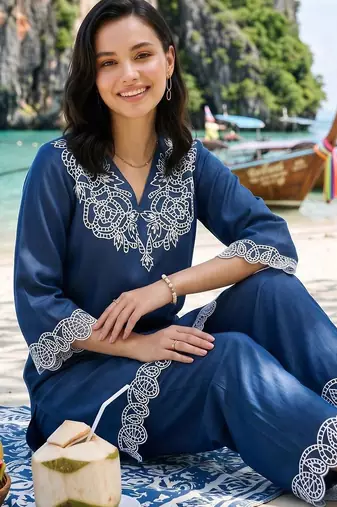 women ethnic motifs embroidered regular thread work linen kurta with trousers