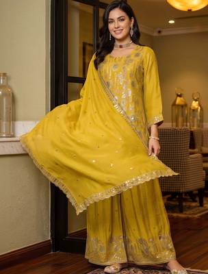 women ethnic motifs regular sequinned kurta with sharara & with dupatta 1