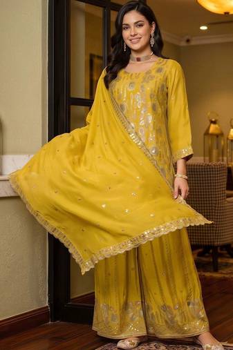 women ethnic motifs regular sequinned kurta with sharara & with dupatta